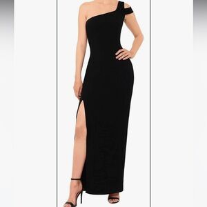 Betsy & Adam Black One-Shoulder Gown